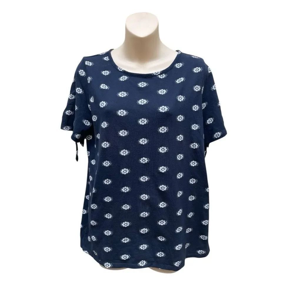 LOFT Navy Floral Print Tee Tie Sleeve Top Women’s Size M Casual Lightweight